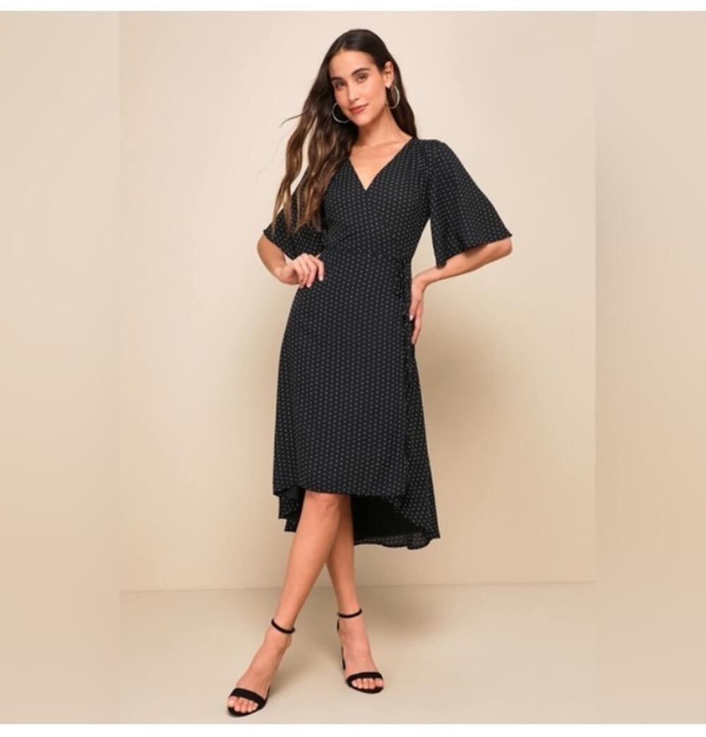 Lulu's Farah Black Triangle Print Midi Wrap Dress Flutter Sleeves High Low XL